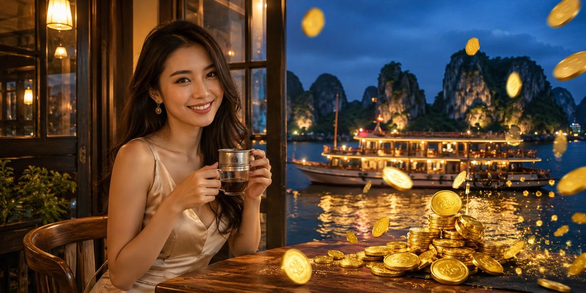 Cảnh Vịnh Hạ Long kết hợp hình ảnh đăng ký nhận bonus và cà phê sáng Việt Nam
